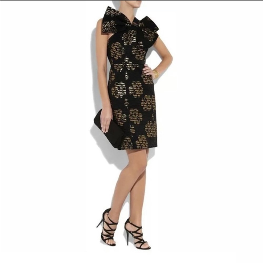 Milly Black Gold One Shoulder Jacquard Dress Sz 4